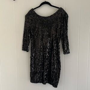 Black sequin 3/4 sleeve mini dress.